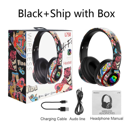 Graffiti Headphones Bluetooth 5.1 DJ Headset Wireless Gamer with Mic RGB LED Light for Kids PC Gamer Earphone Support TF Card