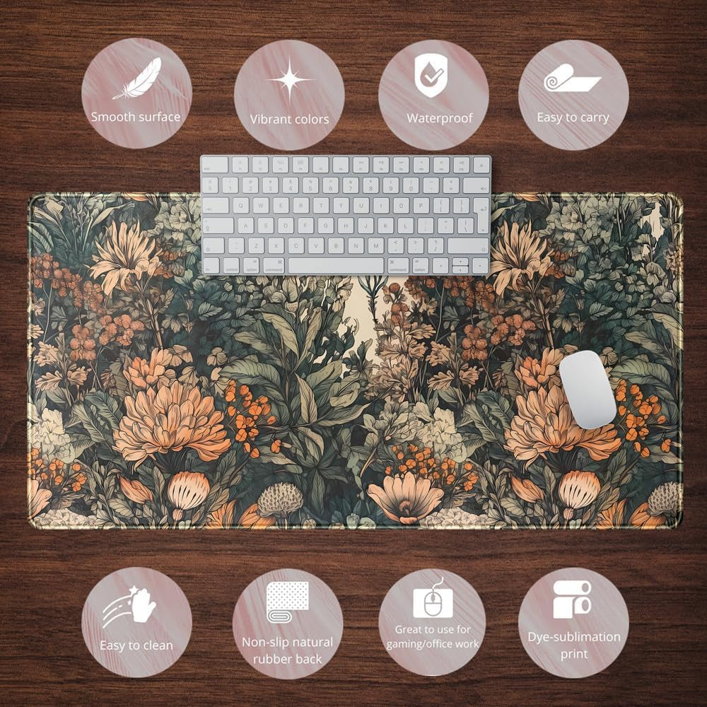 Boho Aesthetic Desk Mat Wildflowers Large Mouse Pad Gaming Desk Pad, XXL Keyboard Mat Full Desktop Women Office Desk Accessories with Stitched Edges Anti-Slip Funny Deskpad, 31.5 X 15.8 In