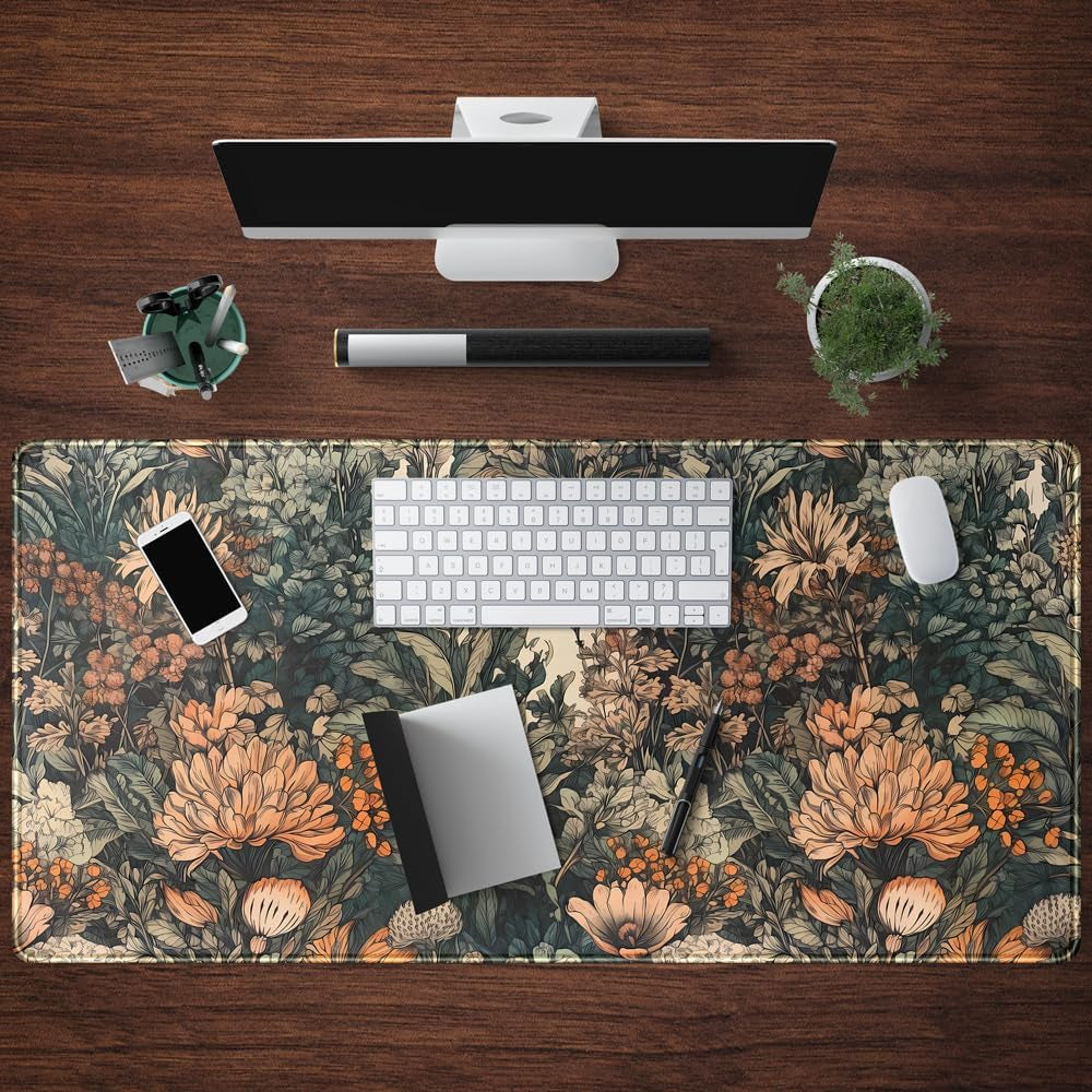 Boho Aesthetic Desk Mat Wildflowers Large Mouse Pad Gaming Desk Pad, XXL Keyboard Mat Full Desktop Women Office Desk Accessories with Stitched Edges Anti-Slip Funny Deskpad, 31.5 X 15.8 In