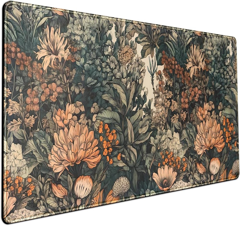 Boho Aesthetic Desk Mat Wildflowers Large Mouse Pad Gaming Desk Pad, XXL Keyboard Mat Full Desktop Women Office Desk Accessories with Stitched Edges Anti-Slip Funny Deskpad, 31.5 X 15.8 In