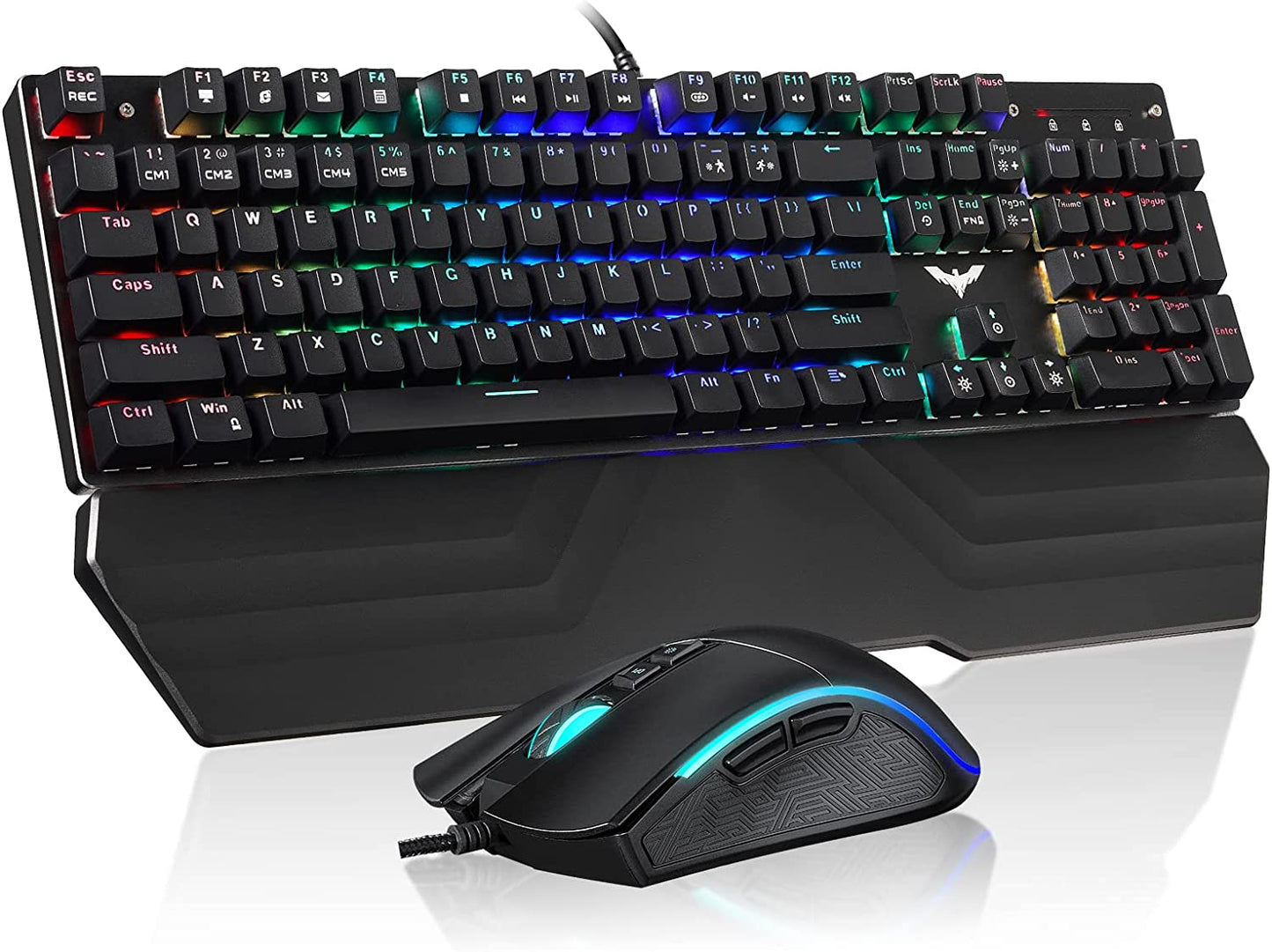 Mechanical Keyboard and Mouse Combo RGB Gaming 104 Keys Blue Switches Wired USB Keyboards with Detachable Wrist Rest, Programmable Gaming Mouse for PC Gamer Computer Desktop (Black)