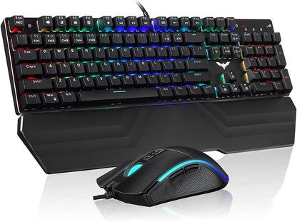 Mechanical Keyboard and Mouse Combo RGB Gaming 104 Keys Blue Switches Wired USB Keyboards with Detachable Wrist Rest, Programmable Gaming Mouse for PC Gamer Computer Desktop (Black)