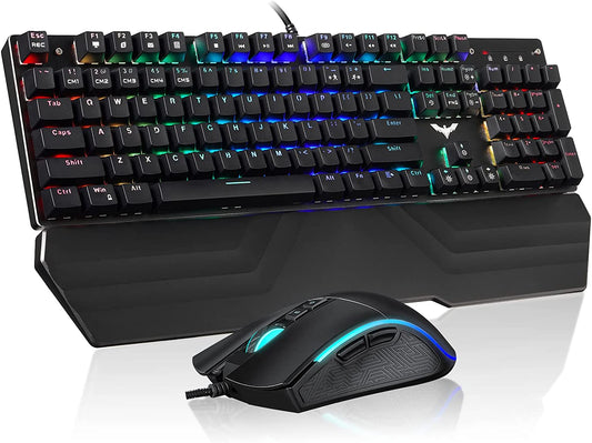 Mechanical Keyboard and Mouse Combo RGB Gaming 104 Keys Blue Switches Wired USB Keyboards with Detachable Wrist Rest, Programmable Gaming Mouse for PC Gamer Computer Desktop (Black)