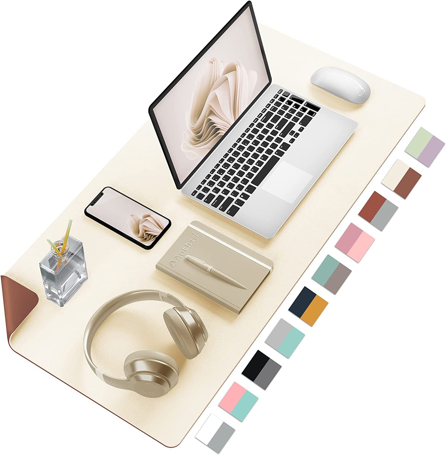 Double-Sided PU Leather Desk Pad - Non-Slip Large Mouse Pad & Desk Mat for Office, Home - Waterproof, Easy to Clean, Durable Dual-Sided Surface (23.6"X13.7", Beige)