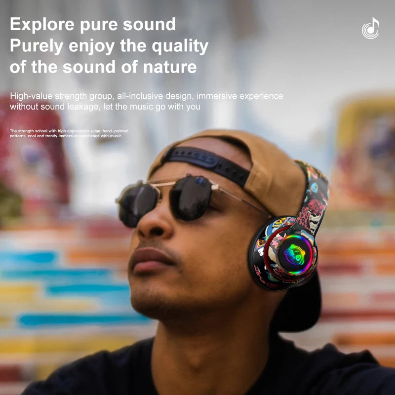 Graffiti Headphones Bluetooth 5.1 DJ Headset Wireless Gamer with Mic RGB LED Light for Kids PC Gamer Earphone Support TF Card