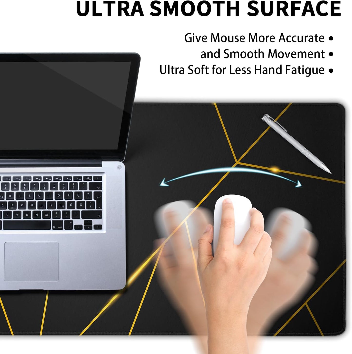 Gaming Mouse Pad 31.5×11.8 Inch XL with Stitched Edges Extended Waterproof Gold Line Black Geometric Desk Pads Non-Slip Rubber Base Large Keyboard Mat Computer Gaming Mousepad for Work/Office/Home