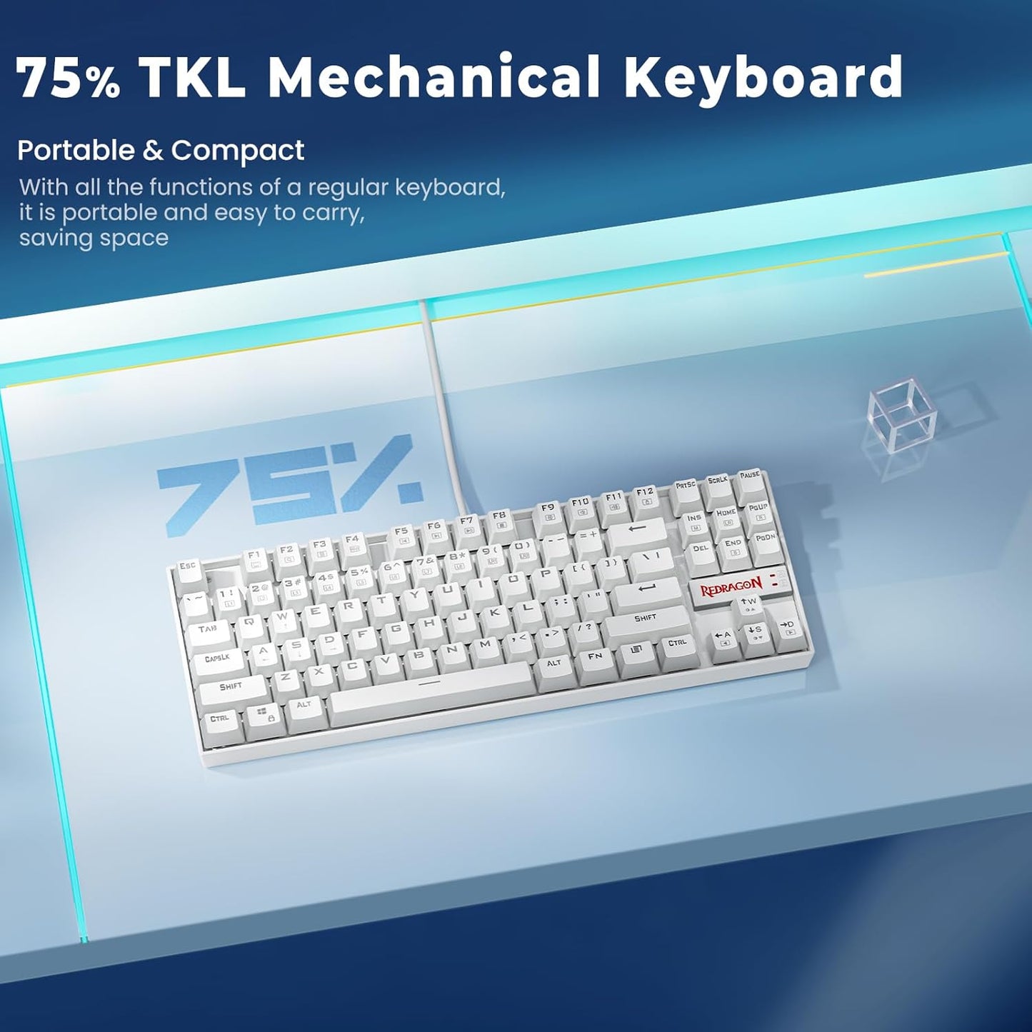 K552 Mechanical Gaming Keyboard 60% Compact 87 Key Kumara Wired Cherry MX Blue Switches Equivalent for Windows PC Gamers (RGB Backlit White)