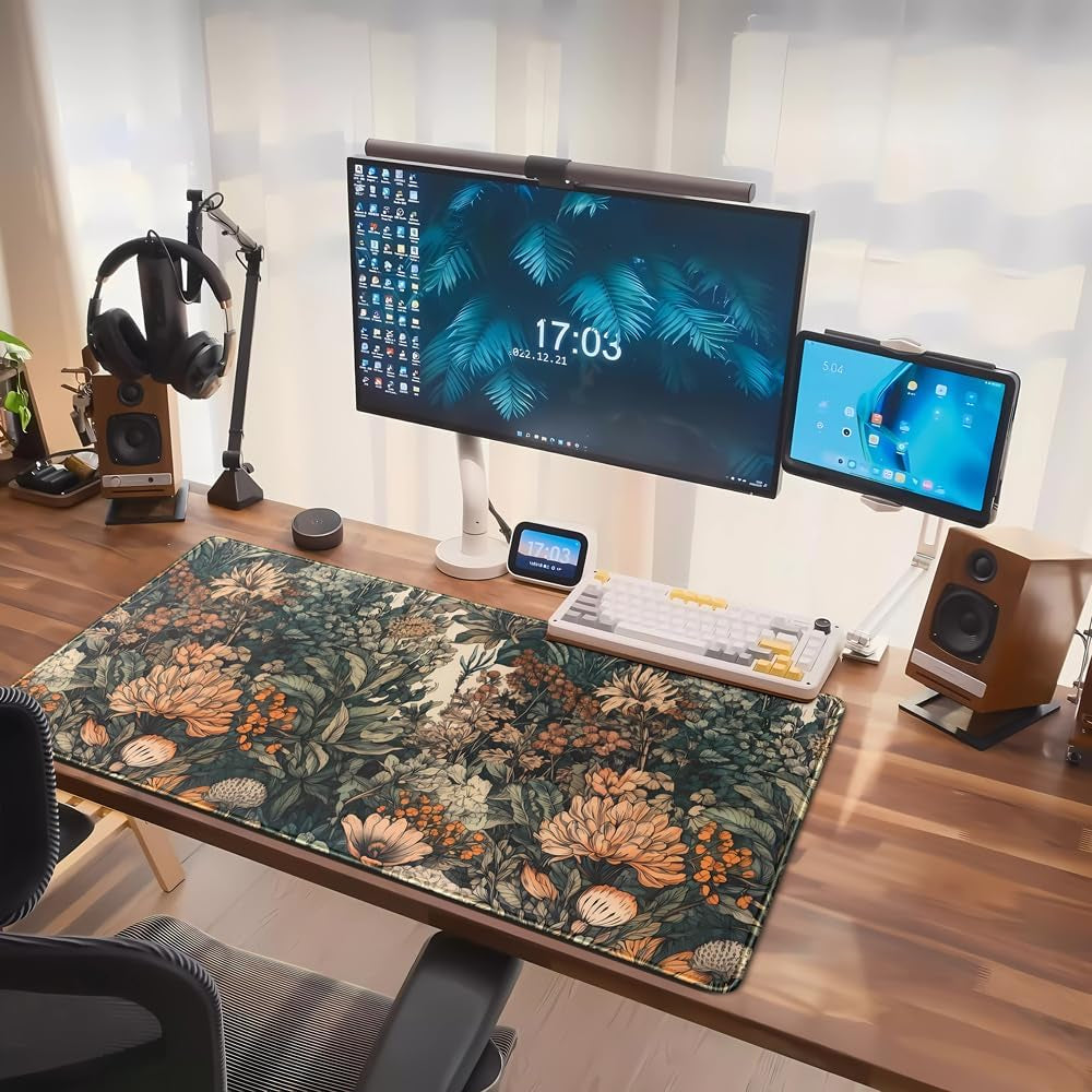 Boho Aesthetic Desk Mat Wildflowers Large Mouse Pad Gaming Desk Pad, XXL Keyboard Mat Full Desktop Women Office Desk Accessories with Stitched Edges Anti-Slip Funny Deskpad, 31.5 X 15.8 In