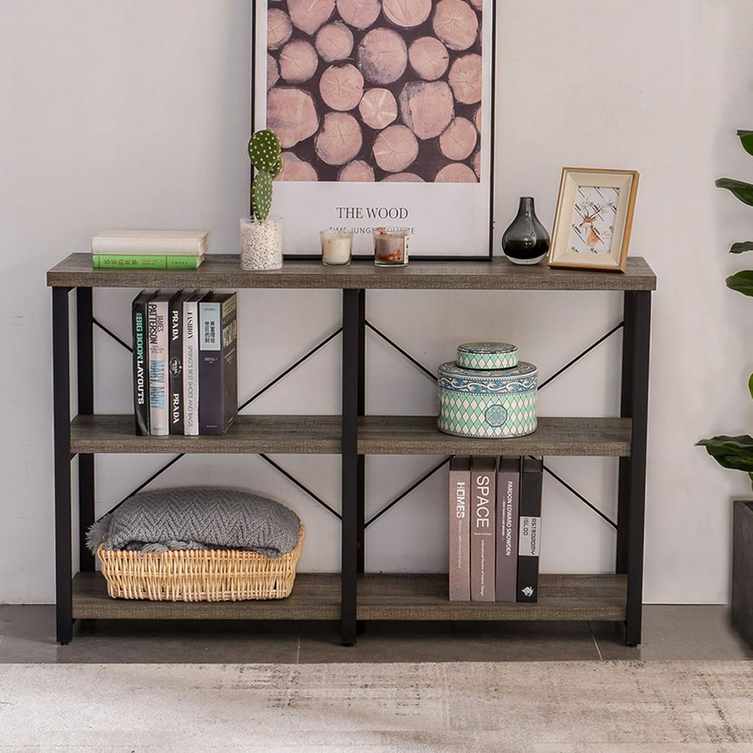 Foyer Tables for Entryway, Rustic Narrow Console Table for Living Room, 3-Tier Industrial Sofa Table, 39 Inch Gray Oak