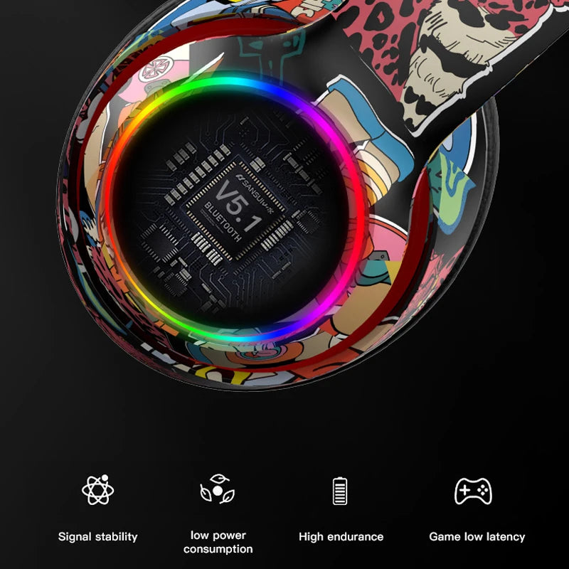 Graffiti Headphones Bluetooth 5.1 DJ Headset Wireless Gamer with Mic RGB LED Light for Kids PC Gamer Earphone Support TF Card