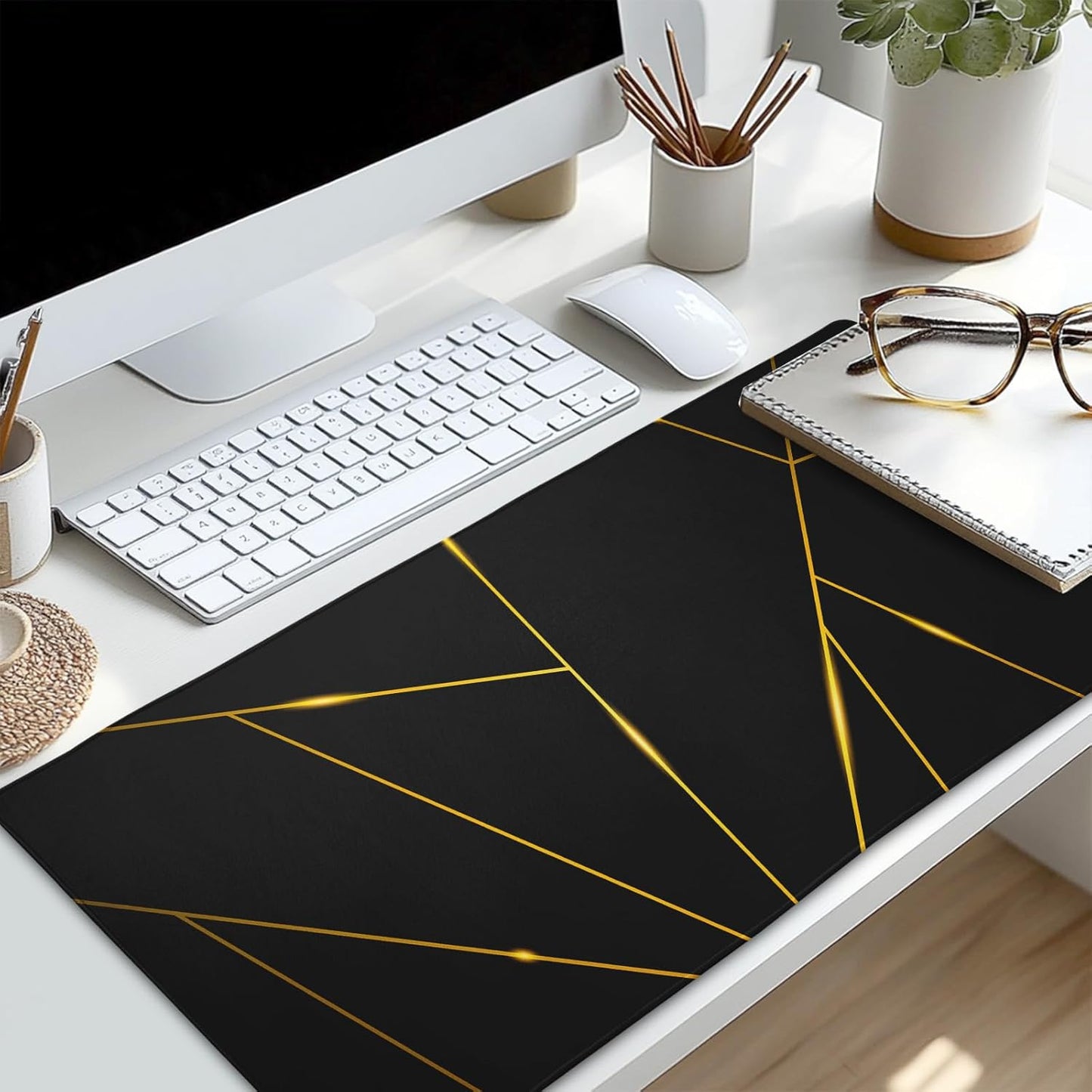 Gaming Mouse Pad 31.5×11.8 Inch XL with Stitched Edges Extended Waterproof Gold Line Black Geometric Desk Pads Non-Slip Rubber Base Large Keyboard Mat Computer Gaming Mousepad for Work/Office/Home