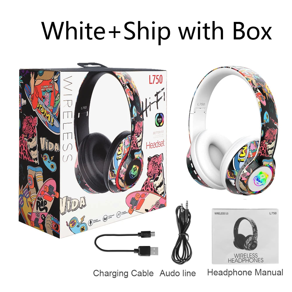 Graffiti Headphones Bluetooth 5.1 DJ Headset Wireless Gamer with Mic RGB LED Light for Kids PC Gamer Earphone Support TF Card
