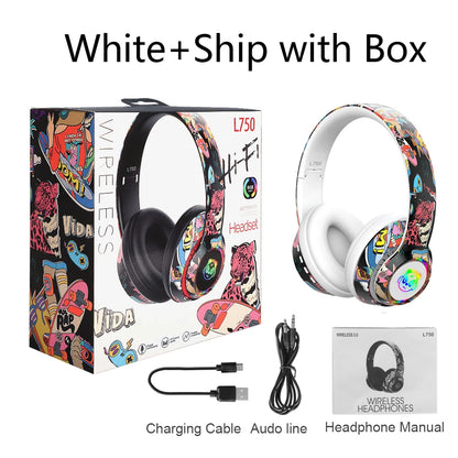 Graffiti Headphones Bluetooth 5.1 DJ Headset Wireless Gamer with Mic RGB LED Light for Kids PC Gamer Earphone Support TF Card