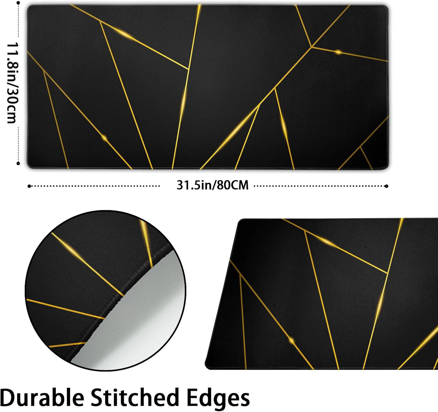 Gaming Mouse Pad 31.5×11.8 Inch XL with Stitched Edges Extended Waterproof Gold Line Black Geometric Desk Pads Non-Slip Rubber Base Large Keyboard Mat Computer Gaming Mousepad for Work/Office/Home