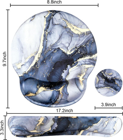 Mouse Pad with Wrist Support Keyboard Wrist Rest Set, Ergonomic Mouse Pad with Non-Slip Base for Computer Home Office + Coasters, Easy Typing & Pain Relief Mouse Mat, Dark Blue Marble