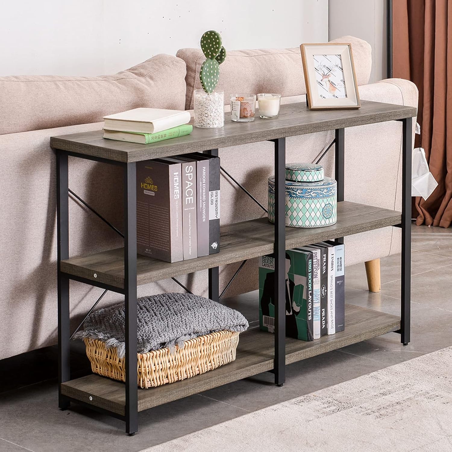 Foyer Tables for Entryway, Rustic Narrow Console Table for Living Room, 3-Tier Industrial Sofa Table, 39 Inch Gray Oak