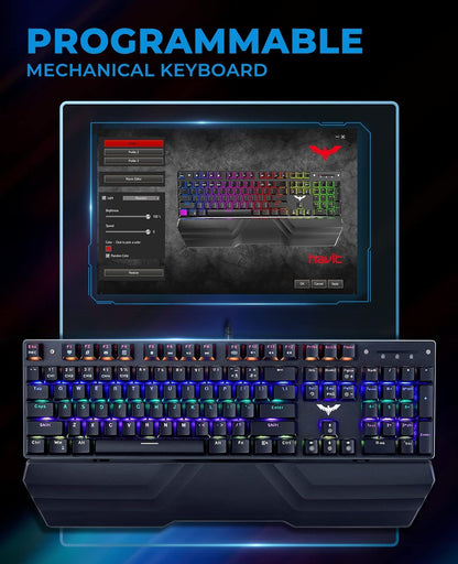 Mechanical Keyboard and Mouse Combo RGB Gaming 104 Keys Blue Switches Wired USB Keyboards with Detachable Wrist Rest, Programmable Gaming Mouse for PC Gamer Computer Desktop (Black)