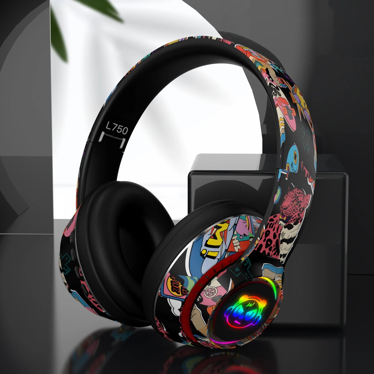 Graffiti Headphones Bluetooth 5.1 DJ Headset Wireless Gamer with Mic RGB LED Light for Kids PC Gamer Earphone Support TF Card