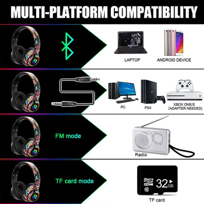 Graffiti Headphones Bluetooth 5.1 DJ Headset Wireless Gamer with Mic RGB LED Light for Kids PC Gamer Earphone Support TF Card