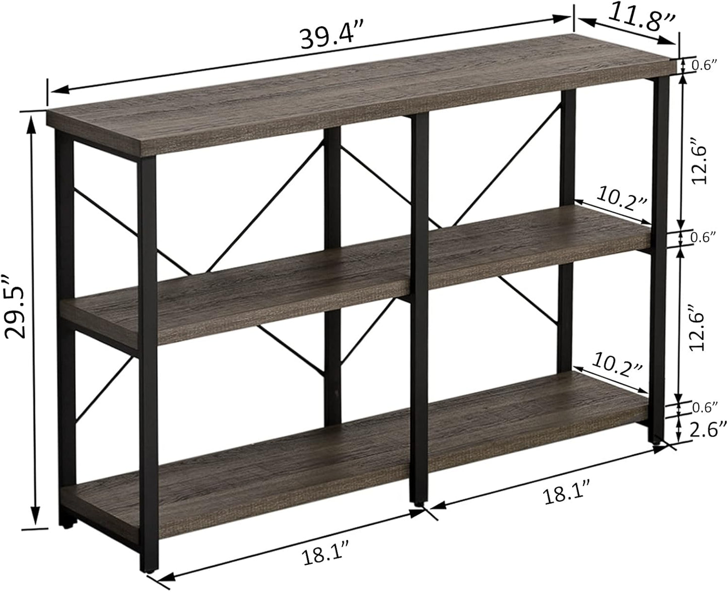 Foyer Tables for Entryway, Rustic Narrow Console Table for Living Room, 3-Tier Industrial Sofa Table, 39 Inch Gray Oak