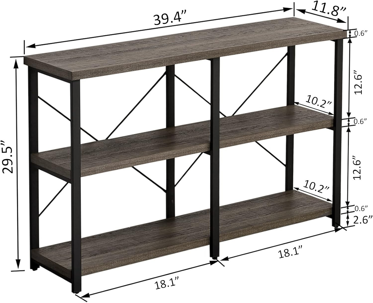 Foyer Tables for Entryway, Rustic Narrow Console Table for Living Room, 3-Tier Industrial Sofa Table, 39 Inch Gray Oak