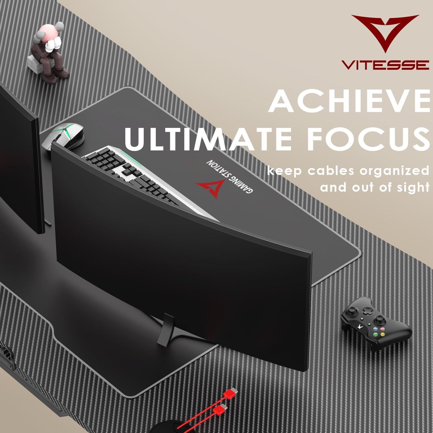 63 Inch Ergonomic Gaming Desk, Z Shaped Office PC Computer Desk with Large Mouse Pad, Gamer Tables Pro with USB Gaming Handle Rack, Stand Cup Holder and Headphone Hook, Black