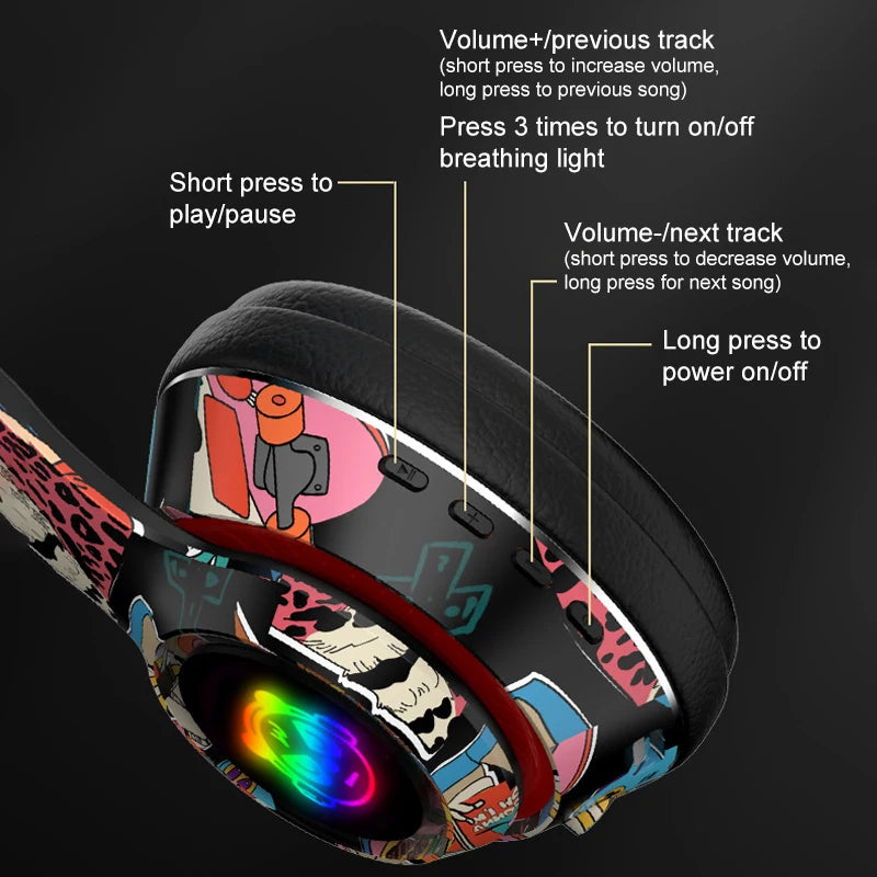 Graffiti Headphones Bluetooth 5.1 DJ Headset Wireless Gamer with Mic RGB LED Light for Kids PC Gamer Earphone Support TF Card