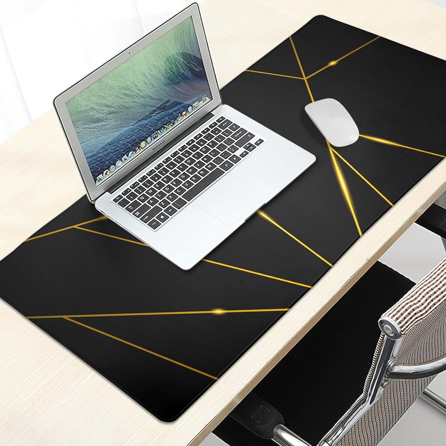 Gaming Mouse Pad 31.5×11.8 Inch XL with Stitched Edges Extended Waterproof Gold Line Black Geometric Desk Pads Non-Slip Rubber Base Large Keyboard Mat Computer Gaming Mousepad for Work/Office/Home