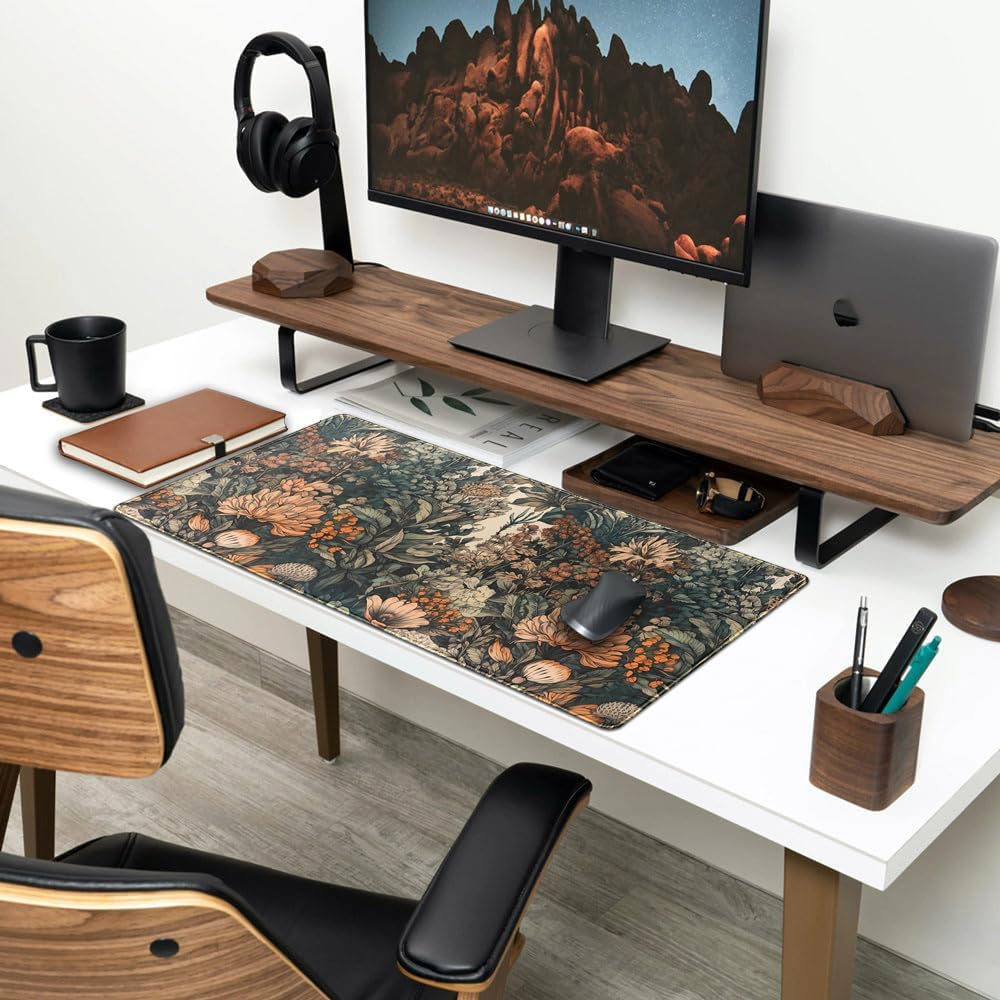 Boho Aesthetic Desk Mat Wildflowers Large Mouse Pad Gaming Desk Pad, XXL Keyboard Mat Full Desktop Women Office Desk Accessories with Stitched Edges Anti-Slip Funny Deskpad, 31.5 X 15.8 In