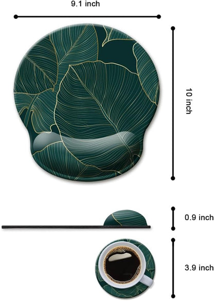 Ergonomic Mouse Pad with Wrist Support Gel, Comfortable Laptop Mouse Pad with Non-Slip Rubber Base, Green Leaves