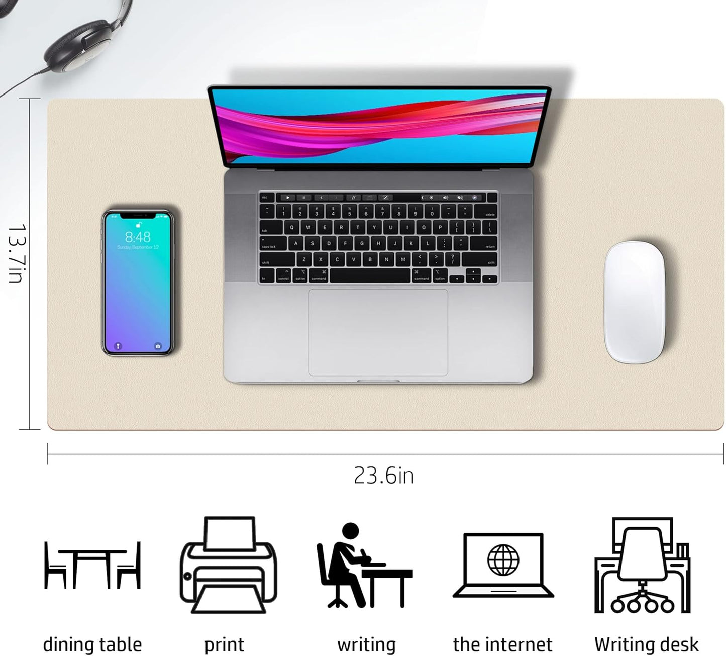 Double-Sided PU Leather Desk Pad - Non-Slip Large Mouse Pad & Desk Mat for Office, Home - Waterproof, Easy to Clean, Durable Dual-Sided Surface (23.6"X13.7", Beige)