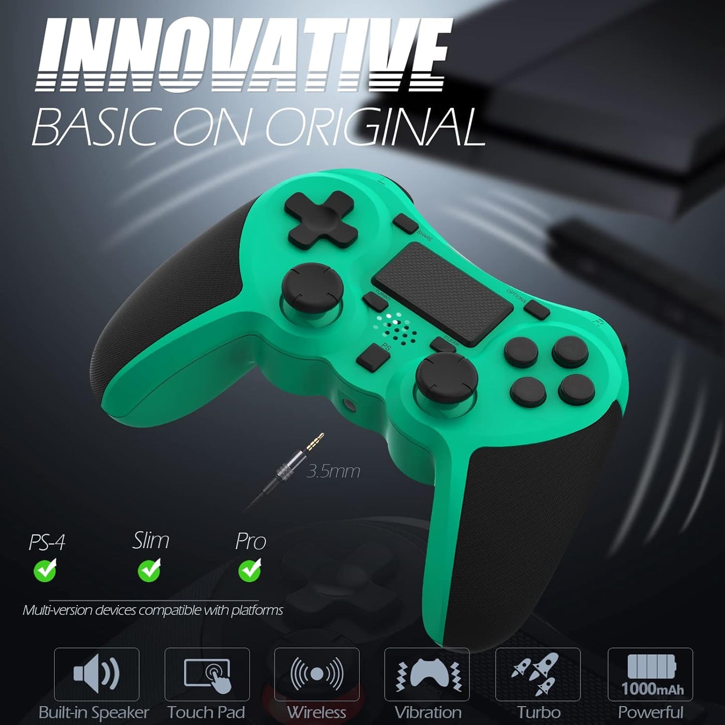 Wireless Controllers Compatible with Play-Station 4 Game Controllers for PS-4 Pro, PS-4 Slim-Built-In Speaker - Stereo Headset Jack Multitouch Pad - Rechargeable Lithium Battery (Green)