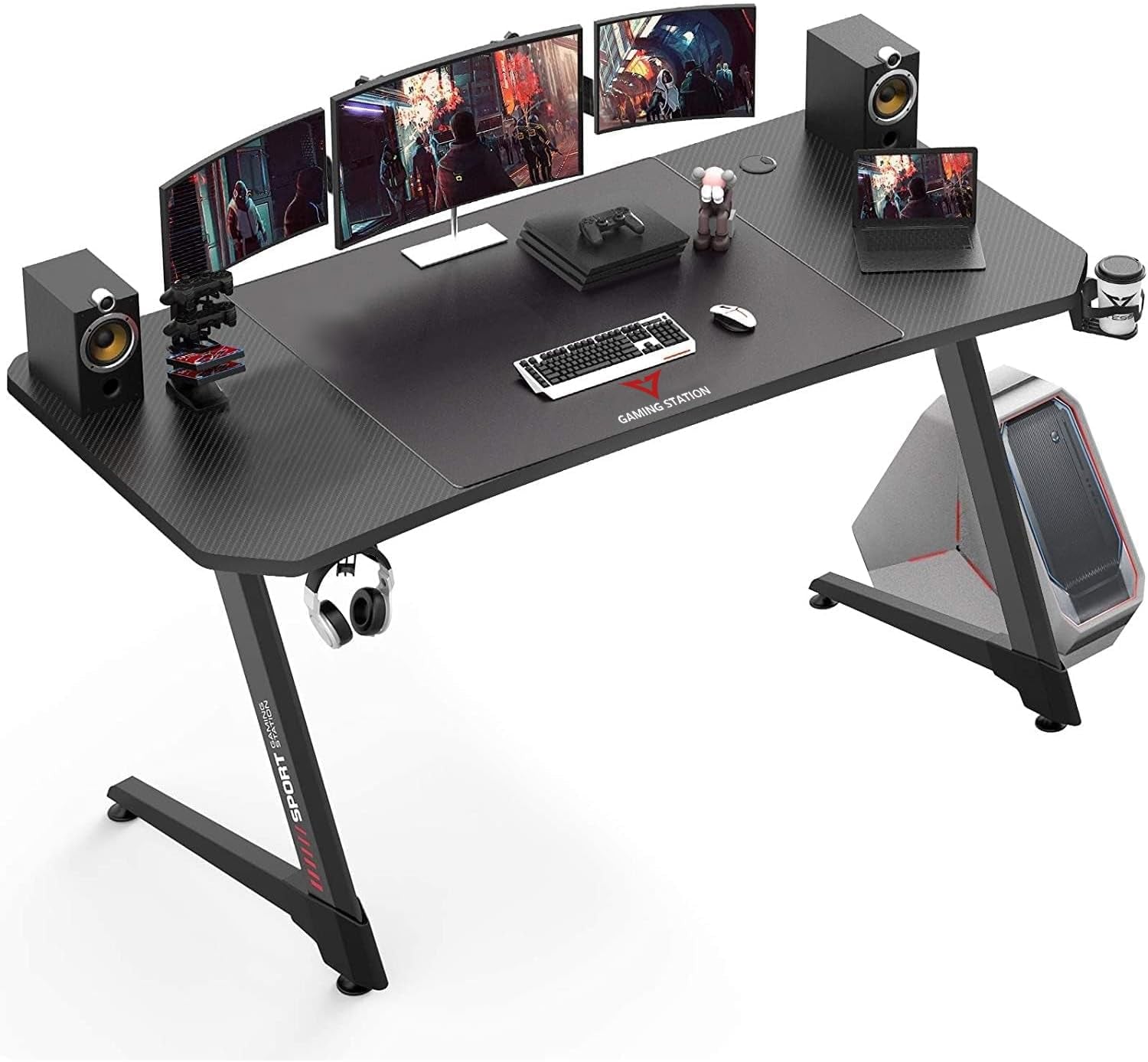 63 Inch Ergonomic Gaming Desk, Z Shaped Office PC Computer Desk with Large Mouse Pad, Gamer Tables Pro with USB Gaming Handle Rack, Stand Cup Holder and Headphone Hook, Black