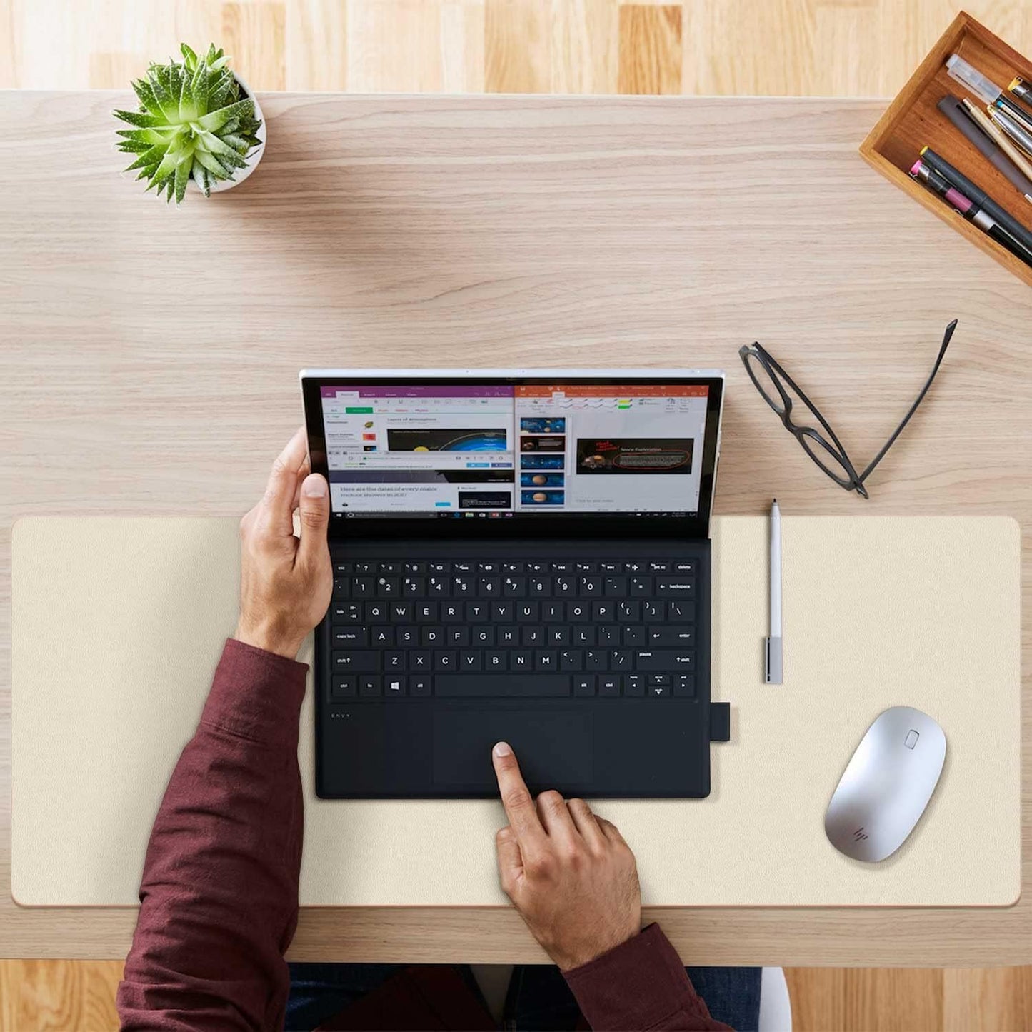 Double-Sided PU Leather Desk Pad - Non-Slip Large Mouse Pad & Desk Mat for Office, Home - Waterproof, Easy to Clean, Durable Dual-Sided Surface (23.6"X13.7", Beige)