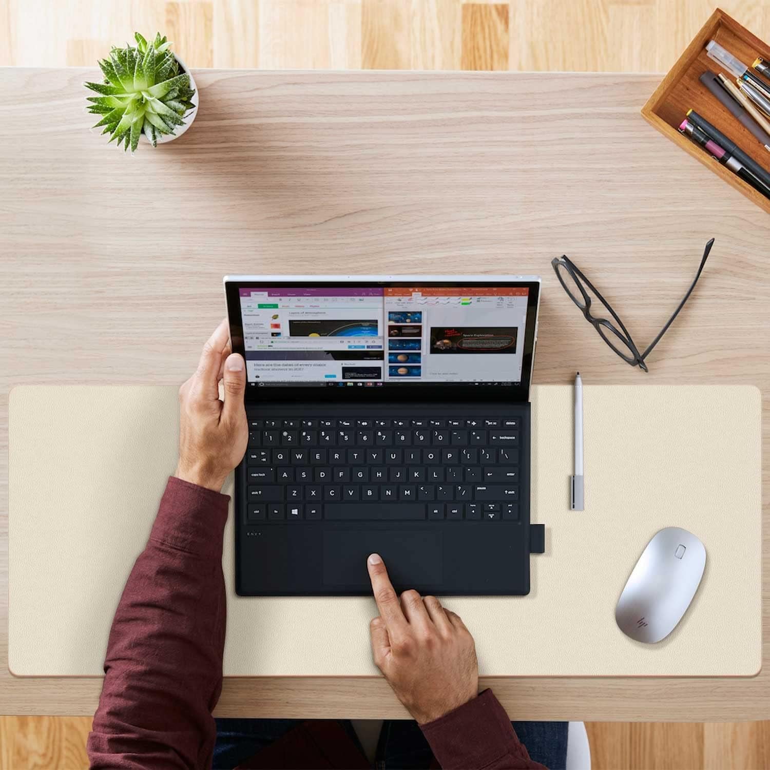 Double-Sided PU Leather Desk Pad - Non-Slip Large Mouse Pad & Desk Mat for Office, Home - Waterproof, Easy to Clean, Durable Dual-Sided Surface (23.6"X13.7", Beige)