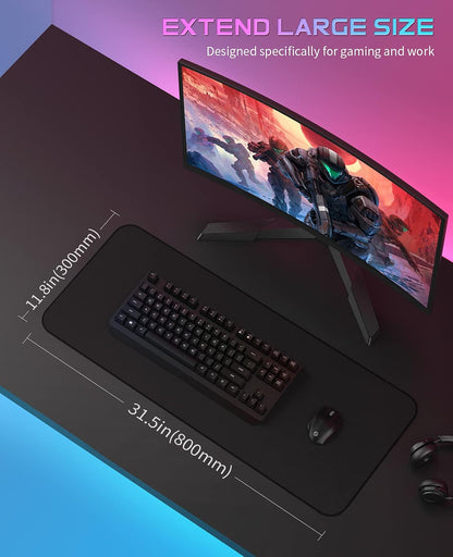 Gaming Mouse Pad Extended Large Mousepad with Superior Micro-Weave Cloth, Waterproof Keyboard Pad with Stitched Edges, Non-Slip Base, 31.5 X 11.8 Inch, XL, Black