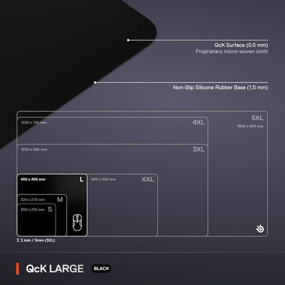 Qck Large Gaming Mousepad — Black — Non-Slip Silicone Rubber Base — Peak Tracking and Stability — Optimized for Gaming Sensors — 490 Mm X 420 Mm — FPS, Mobas, RTS, MMO